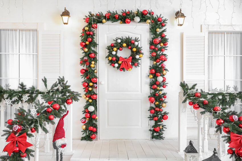 Christmas Wreaths Decorated Front Door Backdrop 