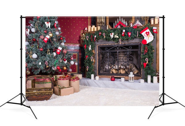 Christmas Fireplace Red Socks Gift Carpet Winter Backdrop M11-74