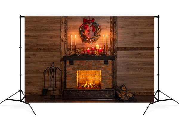 Christmas Fireplace Warm Candlelight Fir Garland Backdrop M11-76