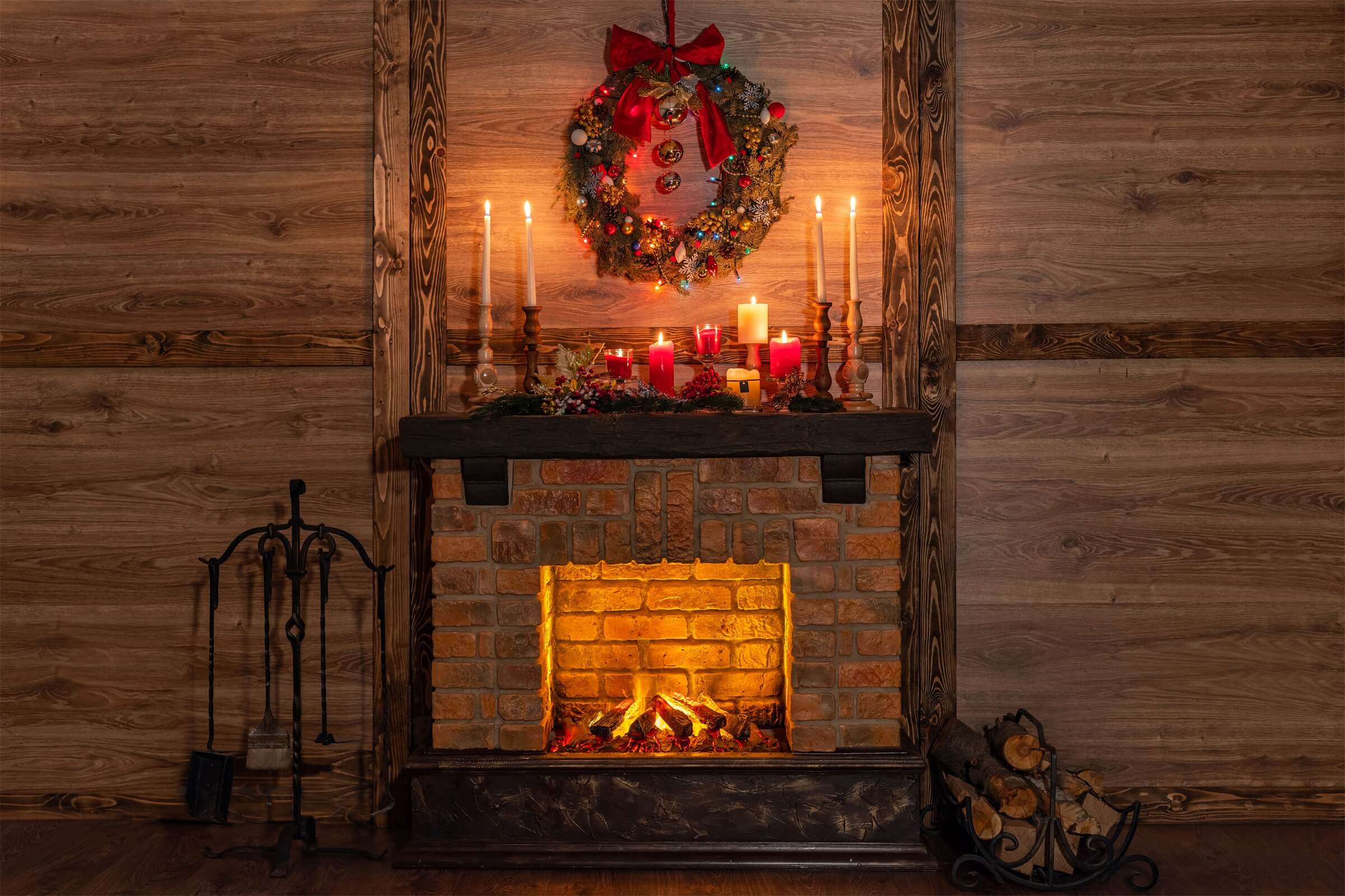 Christmas Fireplace Warm Candlelight Fir Garland Backdrop M11-76