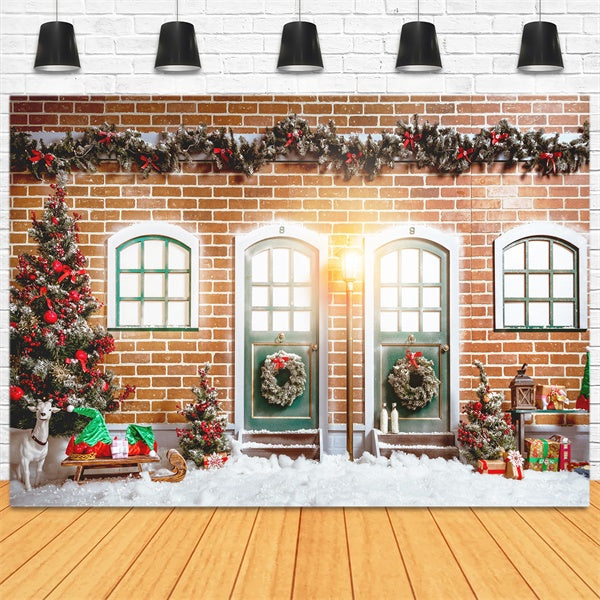 Snow Covered Christmas Tree Wreath Gifts Red Brick Wall Backdrop M11-77