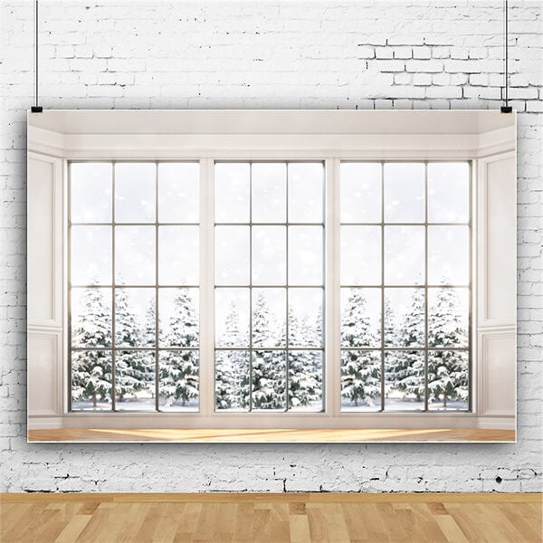 Winter Snowy Day Glass Window Snow Covered Holly Tree Backdrop M12-01