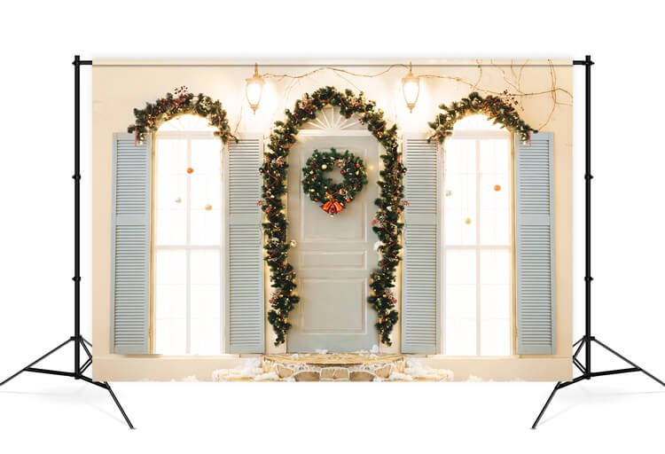 Christmas Wreaths Jingle Bells Street Lamps Shutters Door Steps Backdrop M12-02