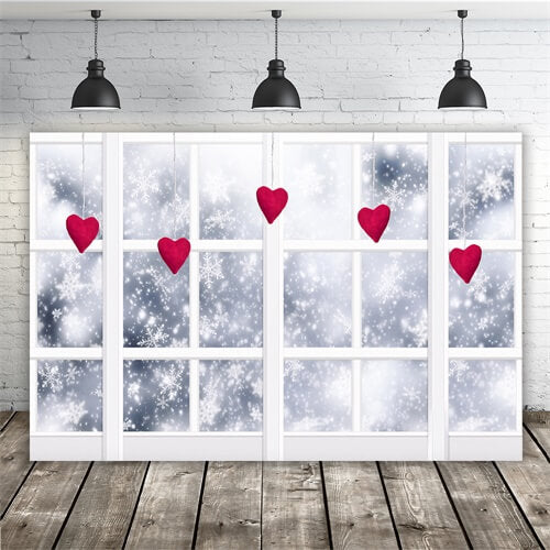 Winter Snowflakes French window Hanging Hearts Romantic Backdrop M12-07