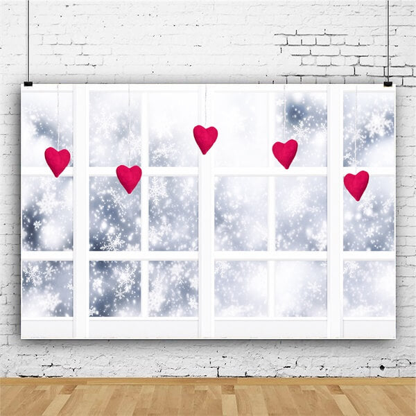 Winter Snowflakes French window Hanging Hearts Romantic Backdrop M12-07