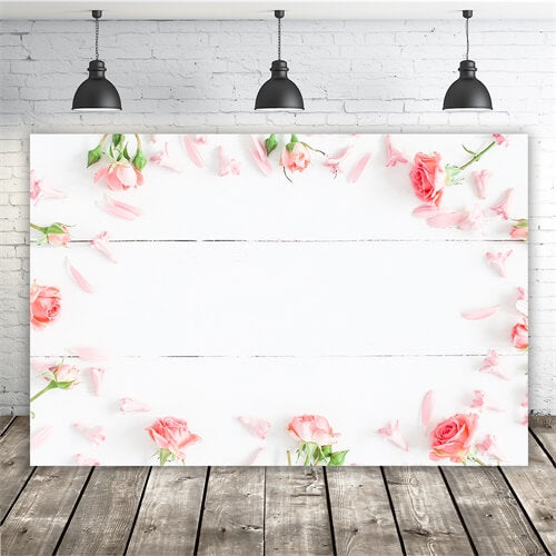 Valentine Pink Roses Scattered Petals White Floor Romantic Backdrop M12-10