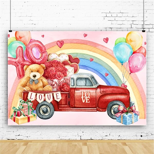 Valentine's Day Rose Bear Trunk Red Car Rainbow Balloons Graffiti Backdrop M12-11