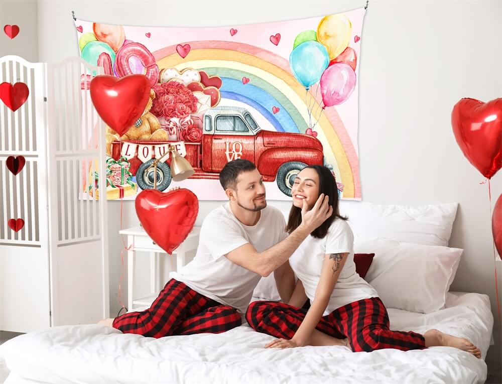 Valentine's Day Rose Bear Trunk Red Car Rainbow Balloons Graffiti Backdrop M12-11