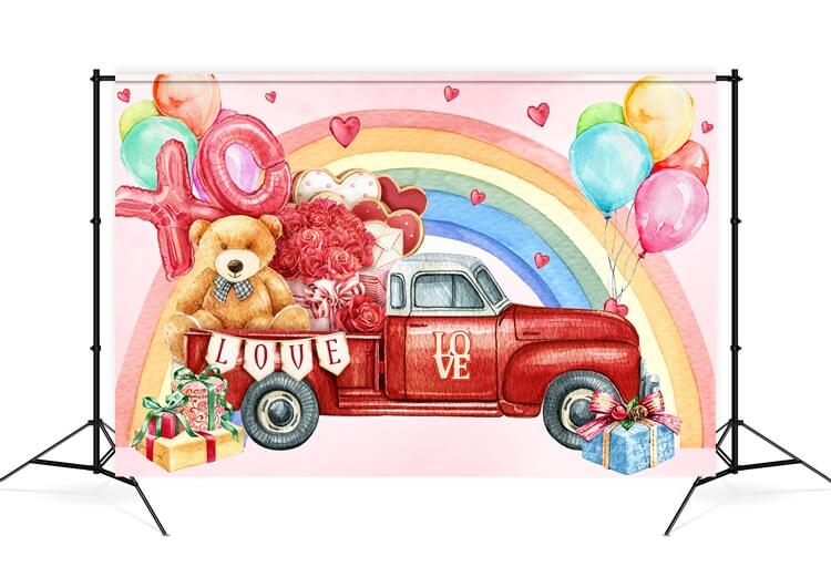 Valentine's Day Rose Bear Trunk Red Car Rainbow Balloons Graffiti Backdrop M12-11