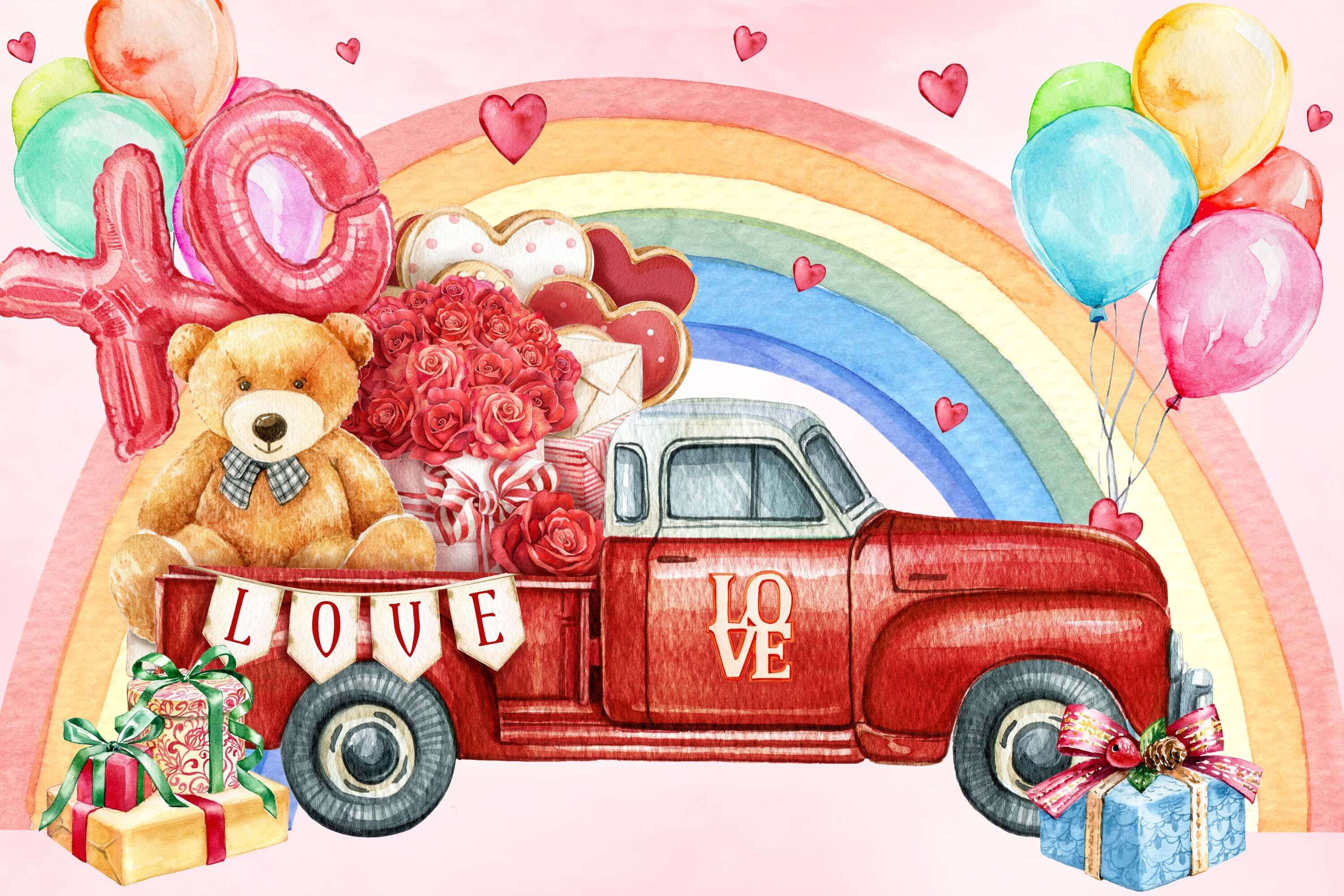 Valentine's Day Rose Bear Trunk Red Car Rainbow Balloons Graffiti Backdrop M12-11