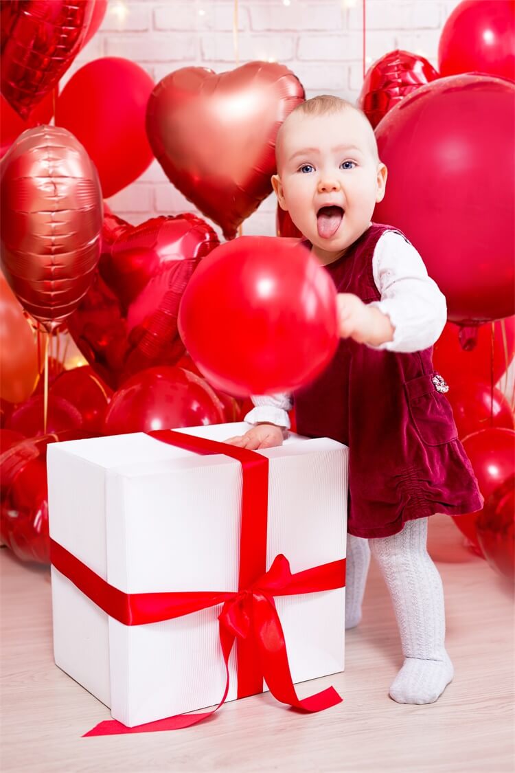 Valentine's Day Red Heart Balloon Strip Lights White Brick Wall Room Backdrop M12-12