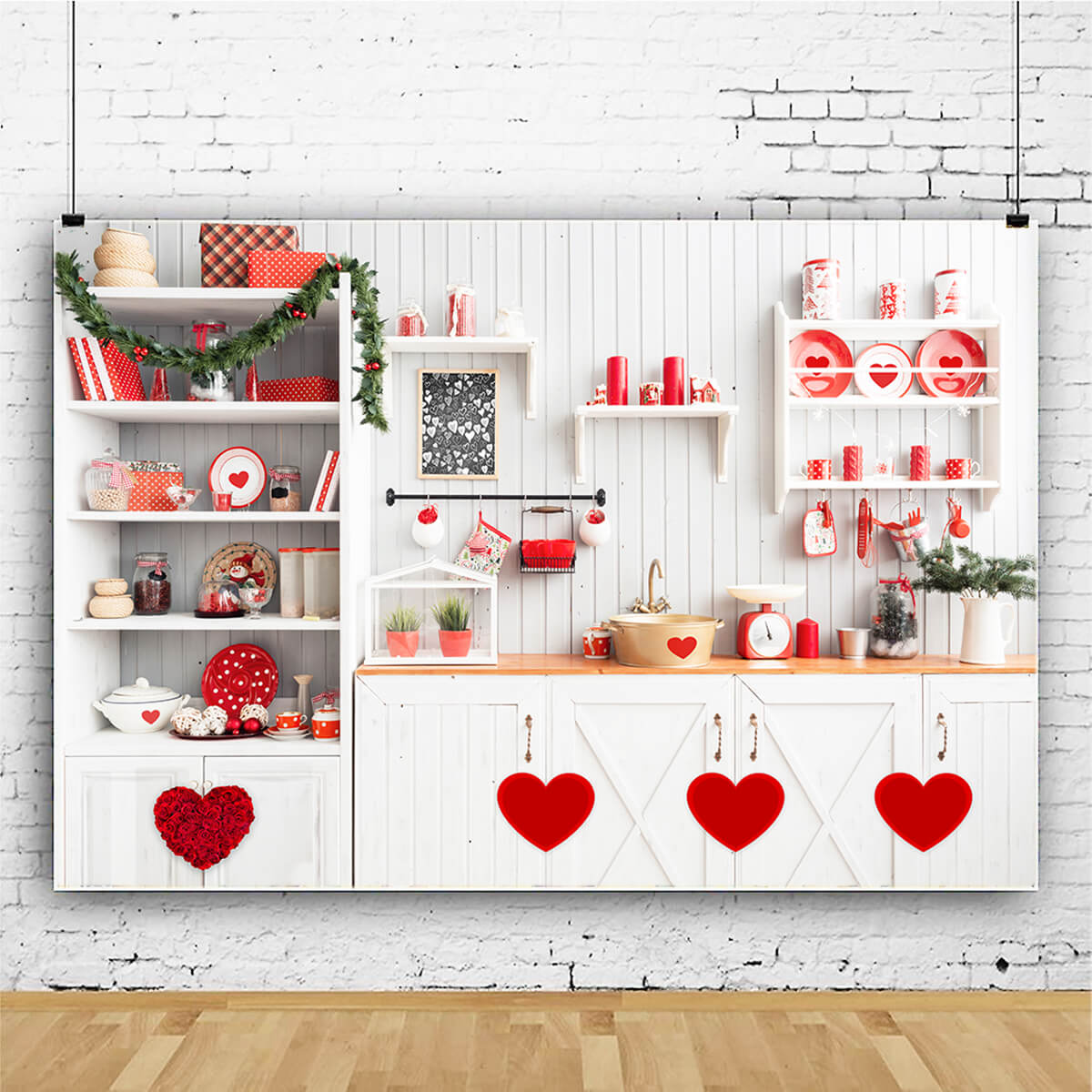 Valentine's Day Kitchen Red Heart Decorations with Flower Backdrop M12-14