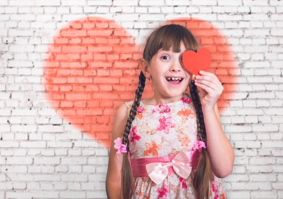 Valentine's Day Light Red Huge Heart White Brick Wall Backdrop M12-23