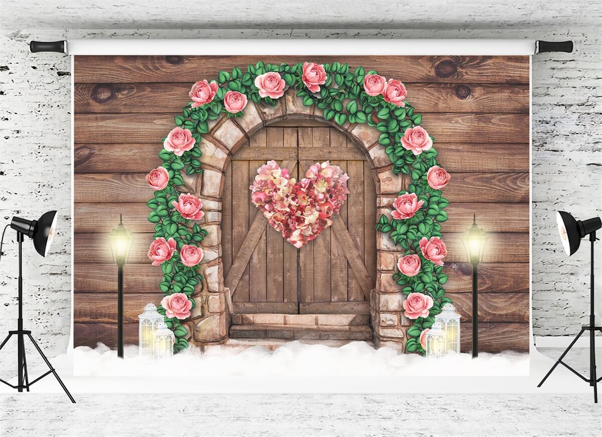 Valentine's Day Dark Wood Barn Door Pink Rose Heart Warm Streetlight Backdrop M12-41