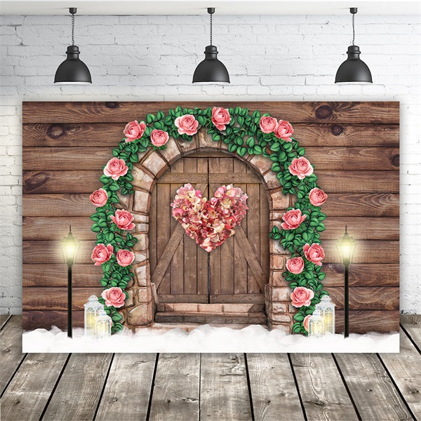 Valentine's Day Dark Wood Barn Door Pink Rose Heart Warm Streetlight Backdrop M12-41