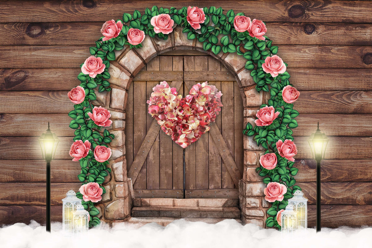 Valentine's Day Dark Wood Barn Door Pink Rose Heart Warm Streetlight Backdrop M12-41