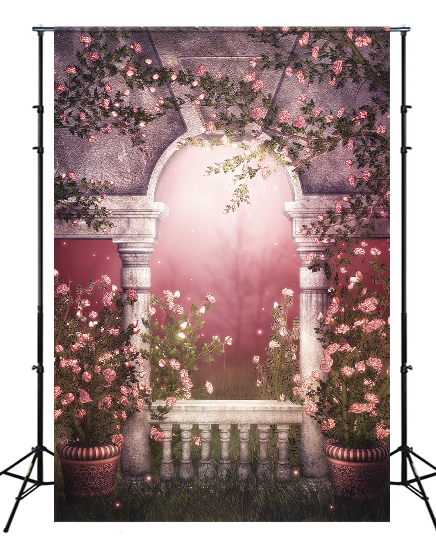 Fantasy Pink Wild Rose Vines Surrounding Marble Gazebo Misty Forest Backdrop M2-17