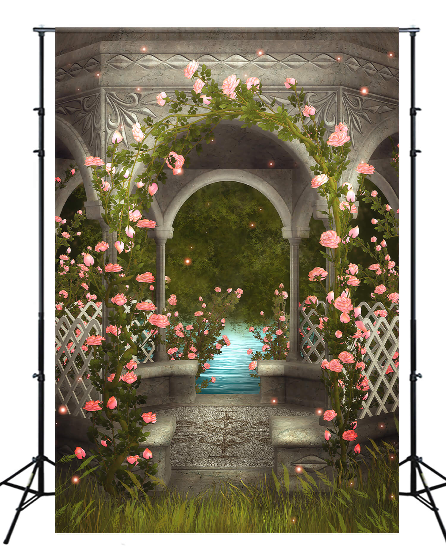 Romantic Pink Wild Roses Around Marble Gazebo Stream Forest Backdrop M2-18