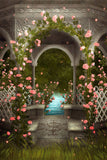 Romantic Pink Wild Roses Around Marble Gazebo Stream Forest Backdrop M2-18