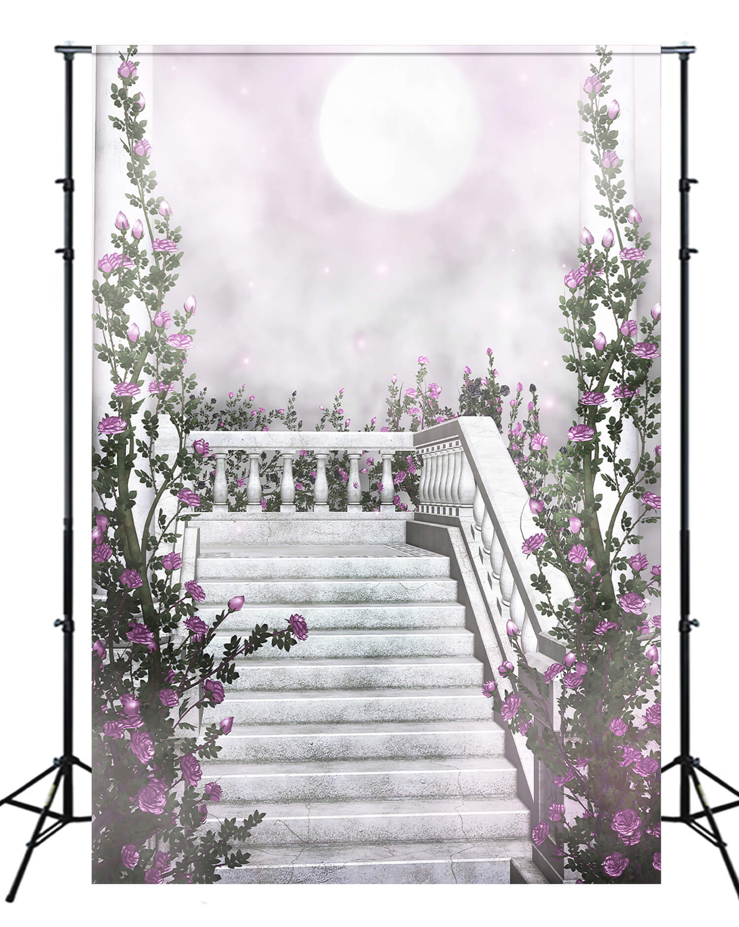 Mysterious Moonlight Mist Shrouded Marble Steps Purple Flower Vine Backdrop M2-19