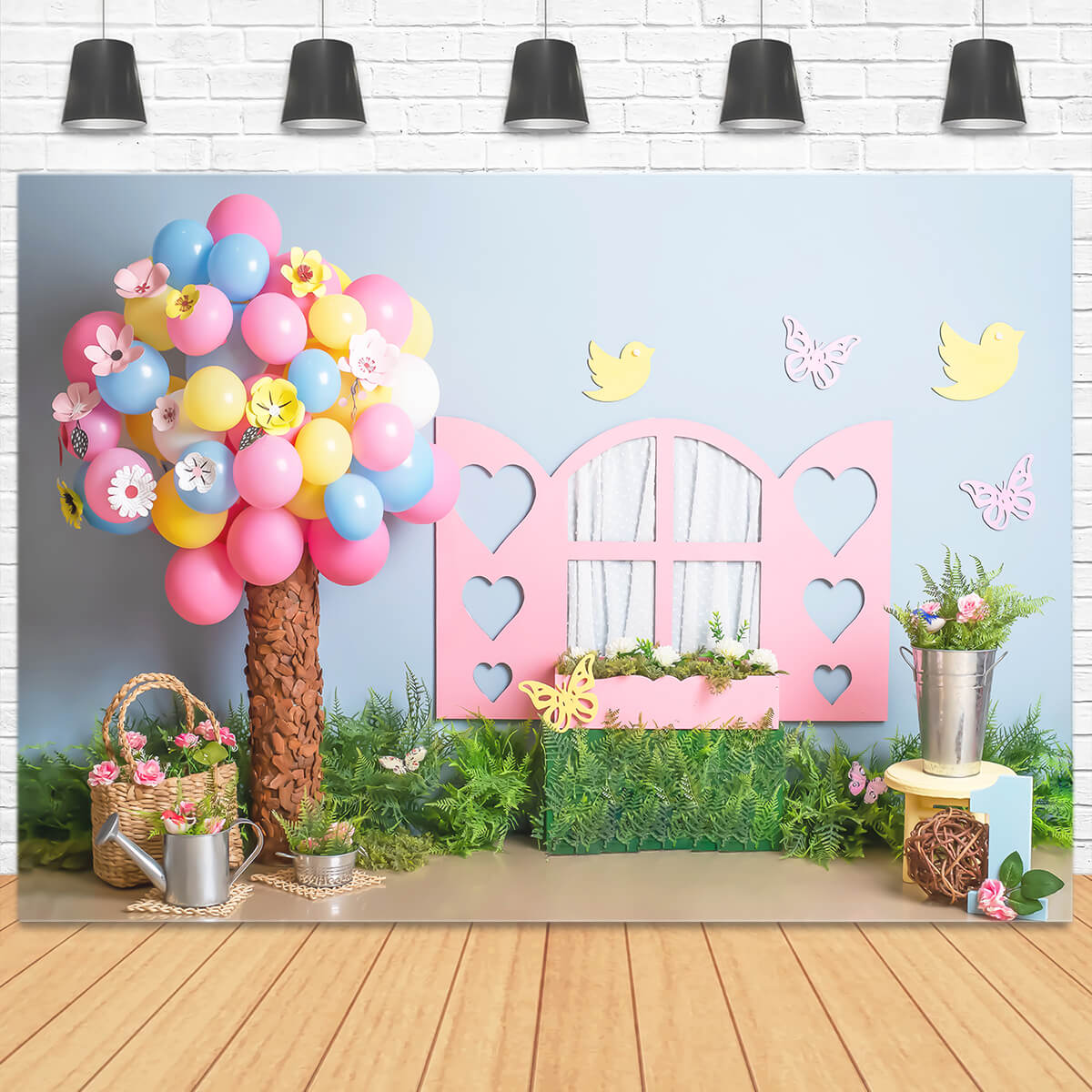 1st Birthday Colorful Balloon Tree Blue Wall Pink Window Bird Butterfly Backdrop M2-23