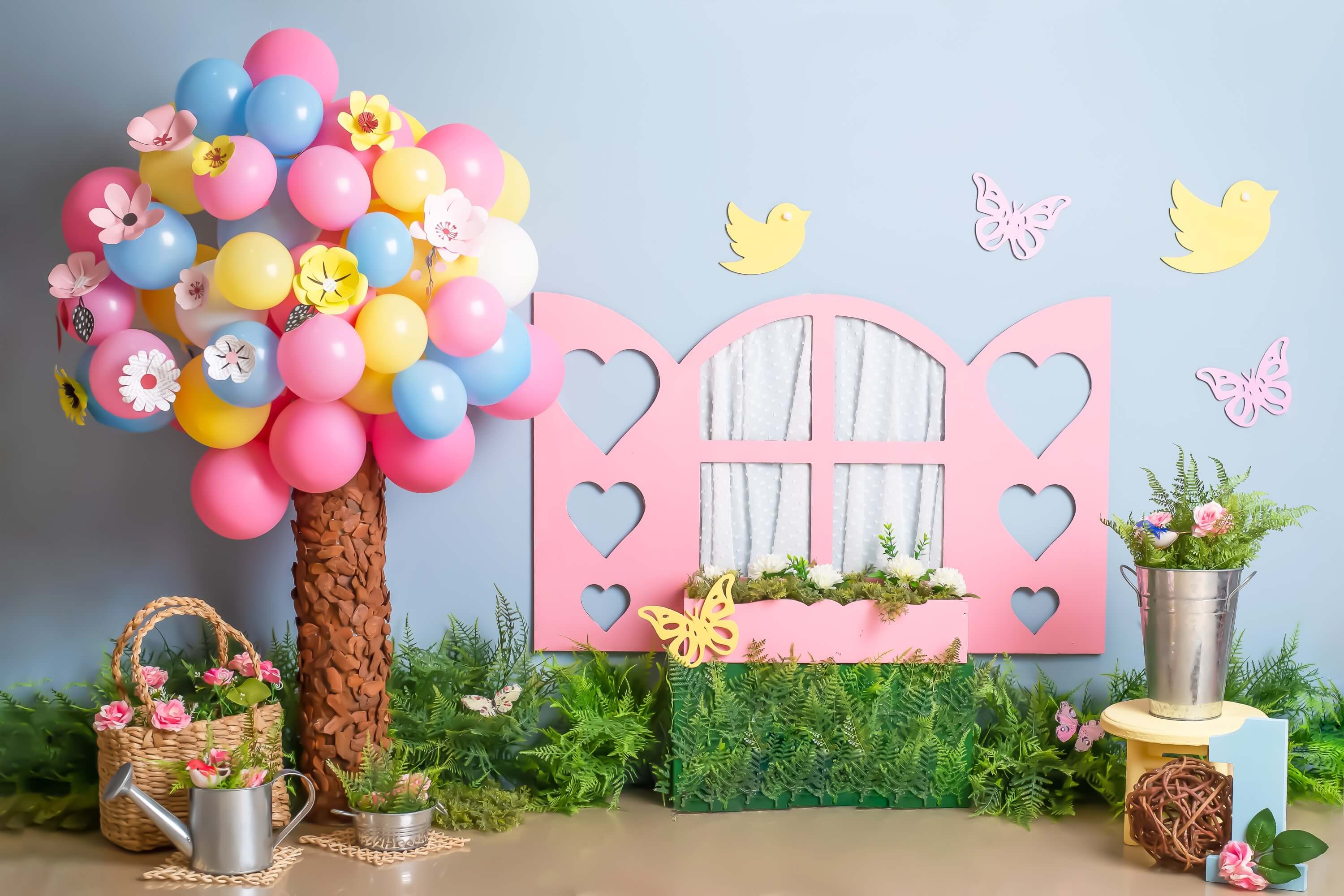 1st Birthday Colorful Balloon Tree Blue Wall Pink Window Bird Butterfly Backdrop M2-23