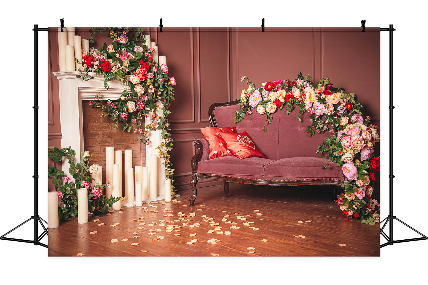 Dark Red Line Wall Candelabra Fireplace Surround Flowers Elegant Sofa Backdrop M2-25