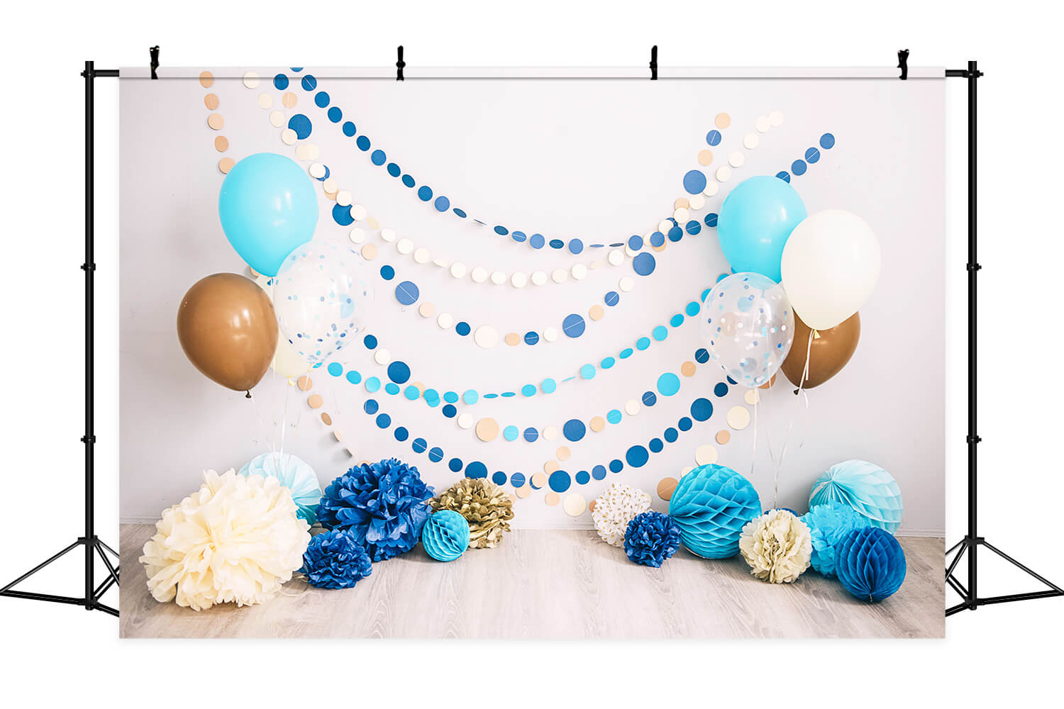 Birthday Party Beige Wall Wooden Floor Colourful Dots Balloon Paper Flower Backdrop M2-29