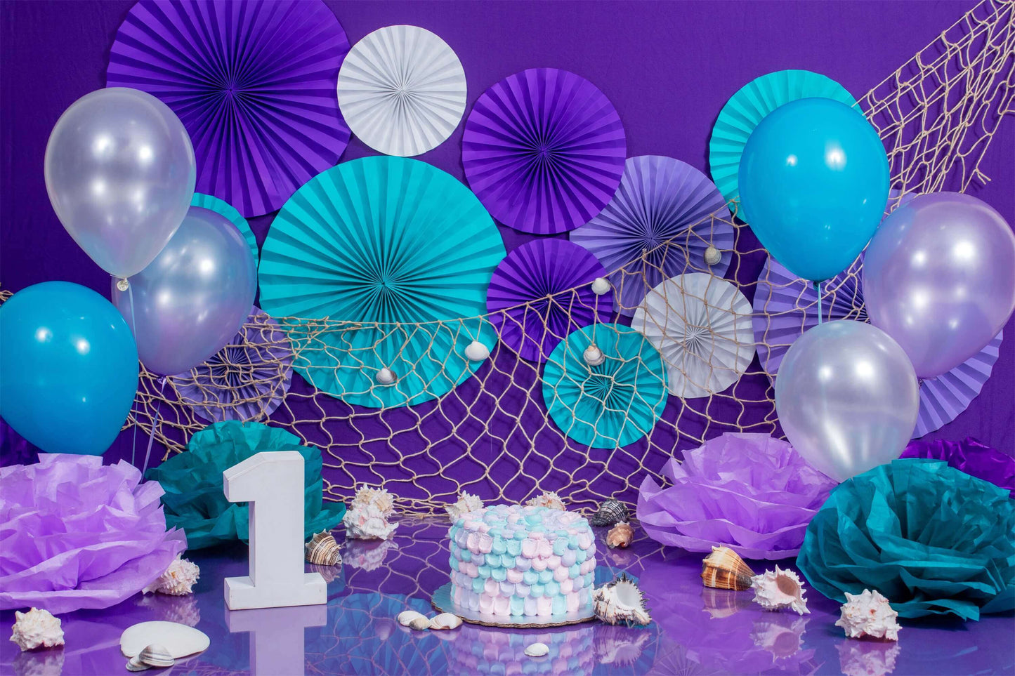 1st Birthday Mermaid Cake Shells Fishing Nets Balloon Paper