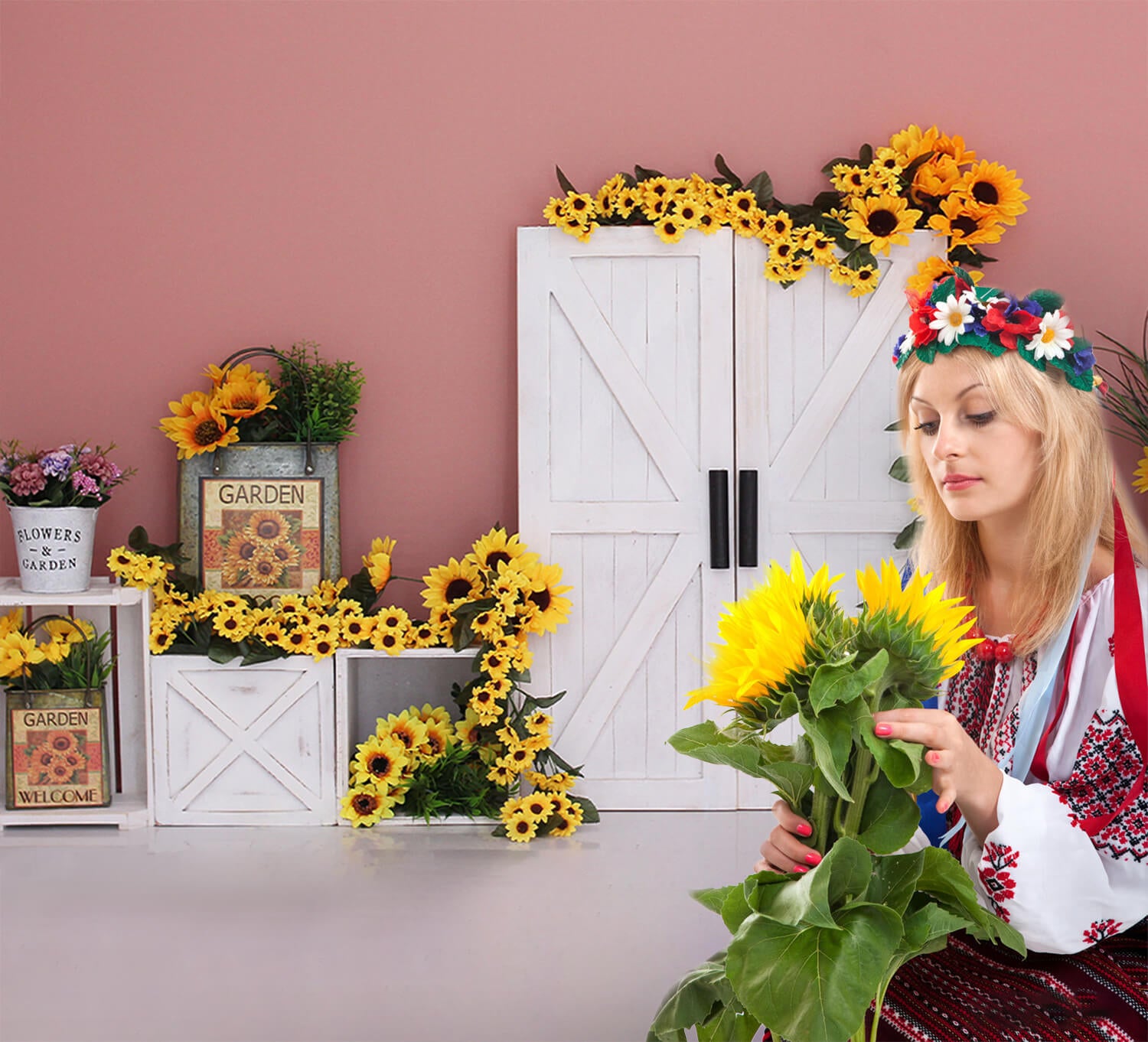 Sunflower Garden Barn Door Photography Backdrop M5-137