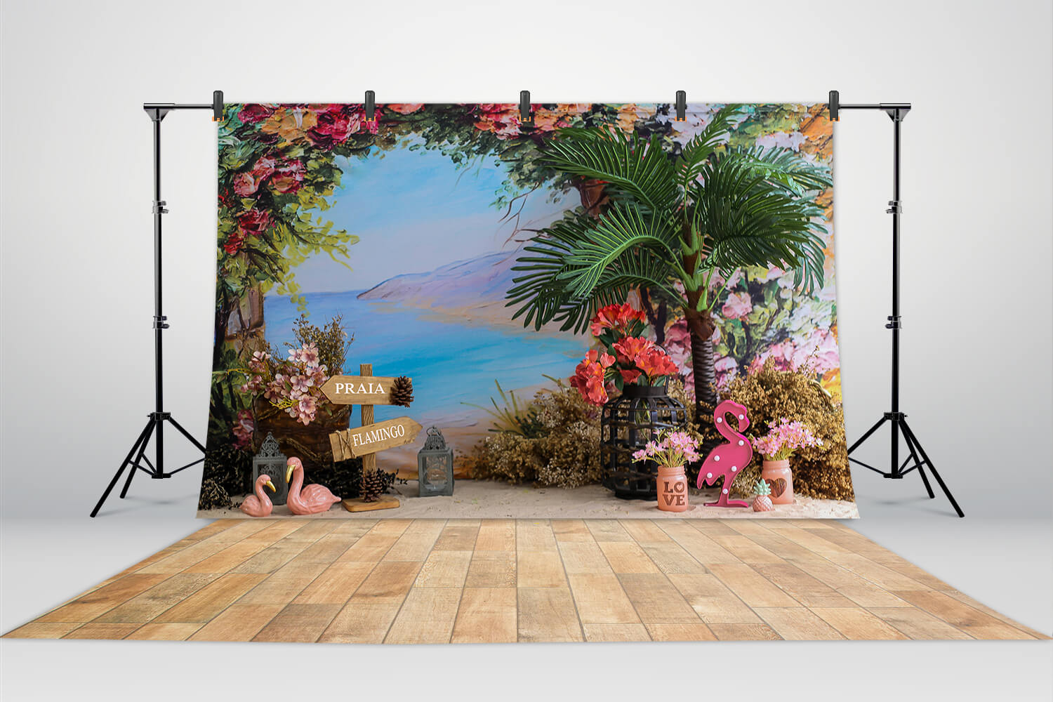 Painting Flamingo Palm Tree Flowers Backdrop M5-143