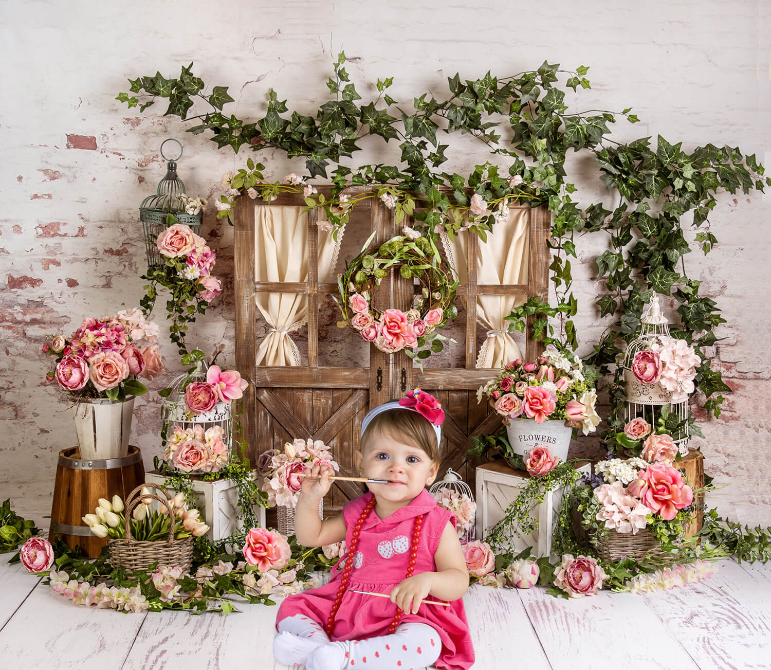 Pink Flowers Green Leaves Spring Backdrop M5-144