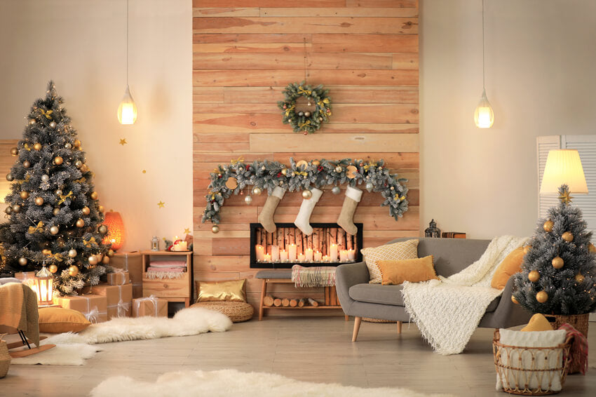 Christmas Tree Fireplace Room Interior Backdrop 