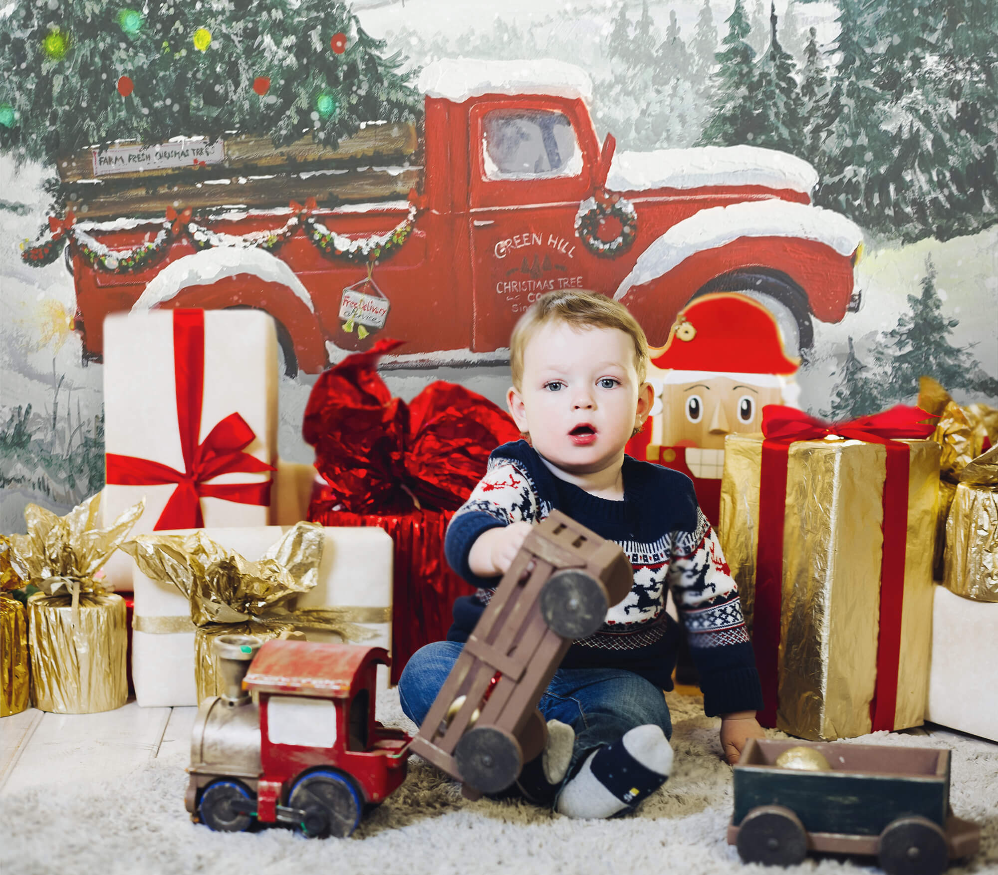 Christmas Red Truck Snowy Forest Tree Backdrop M6-148