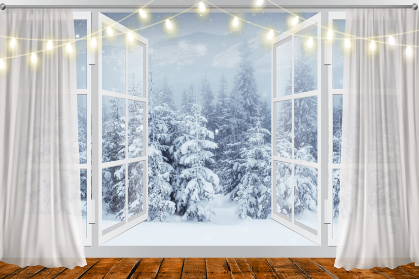 Window Winter Snowy Scenery Pine Tree Backdrop M6-151