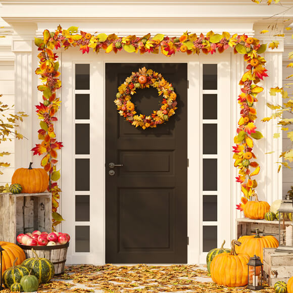 Front Door Maple Leaves Pumpkin Fall Backdrop M6-36