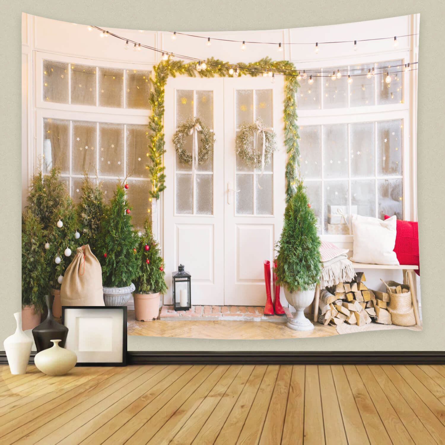 Christmas Tree Decorated Door Porch Backdrop M6-86