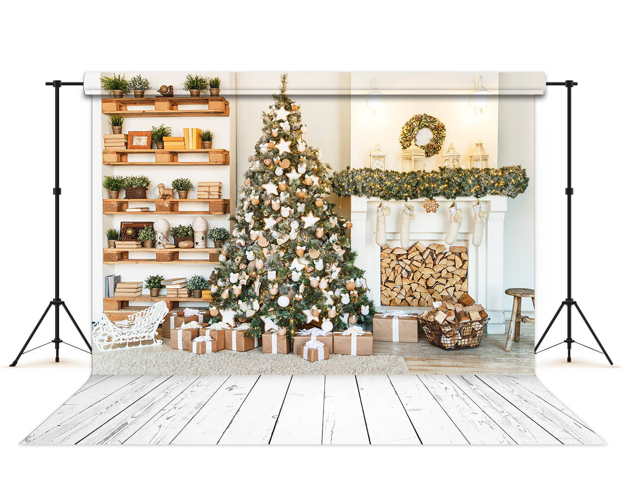 Christmas Tree Fireplace Stockings Backdrop for Photography LV-986