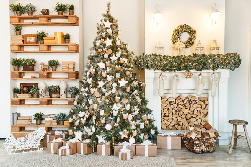 Christmas Tree Bookshelf Fireplace Socking Backdrop 