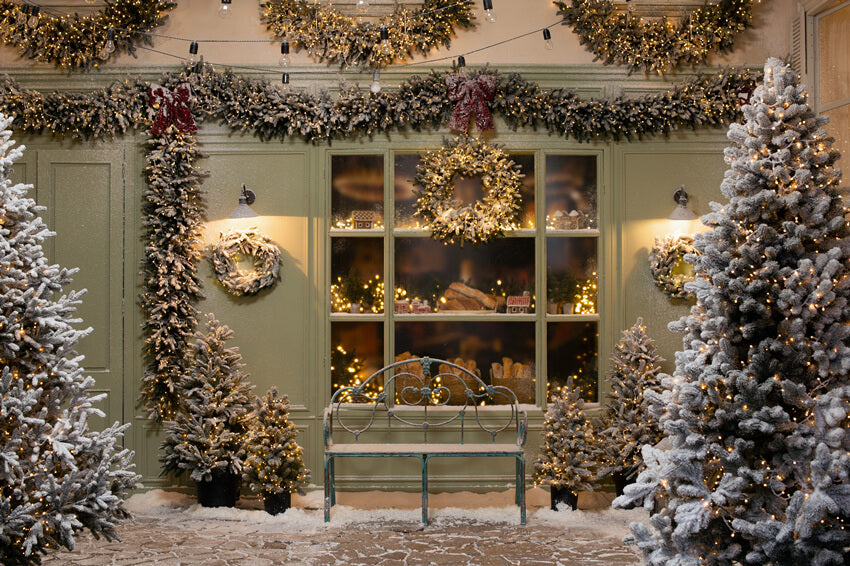 Christmas Tree Bakery Window Garland Snow Backdrop