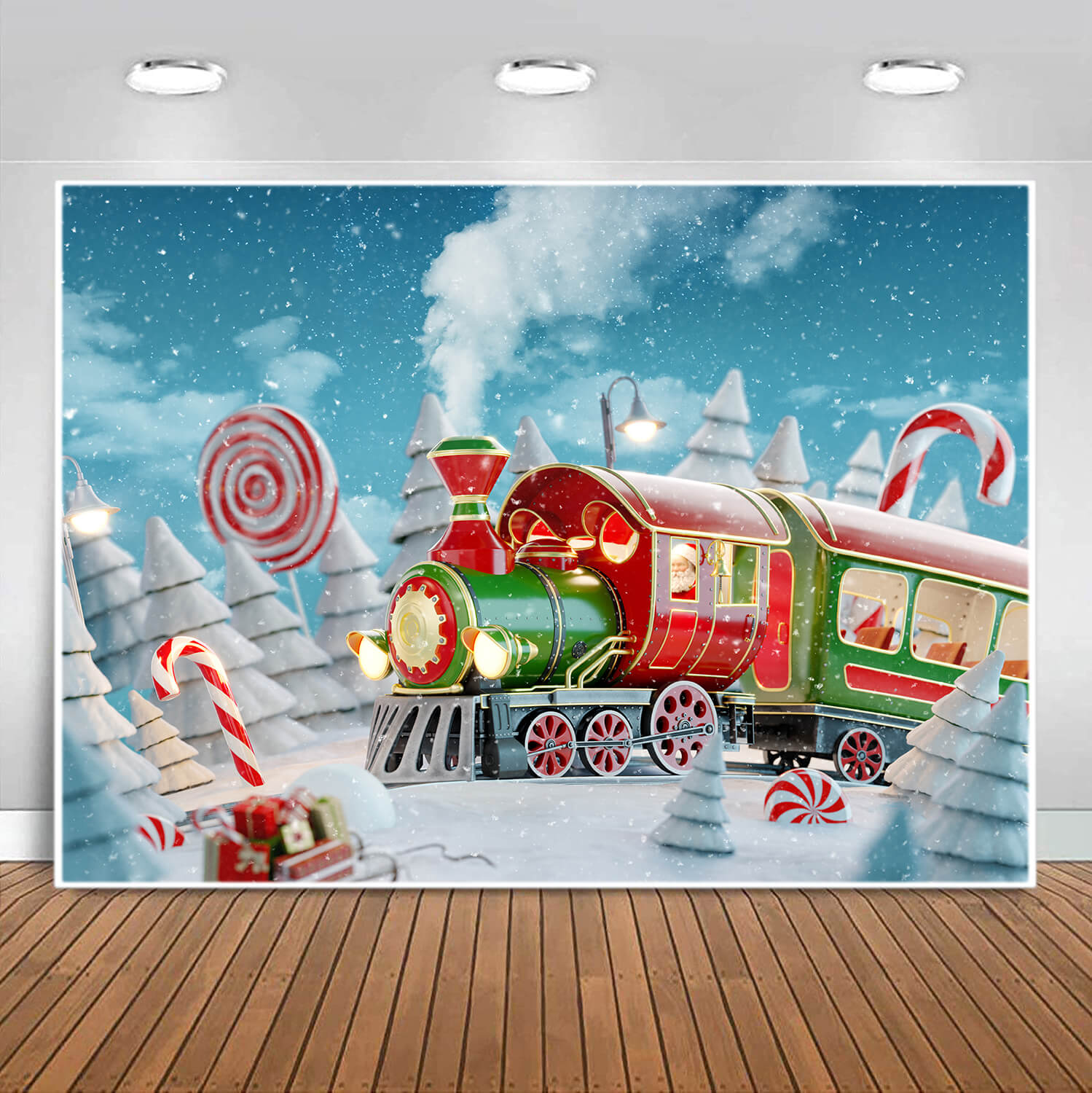 Winter Snowy Christmas Red Candy Train Backdrop M7-30