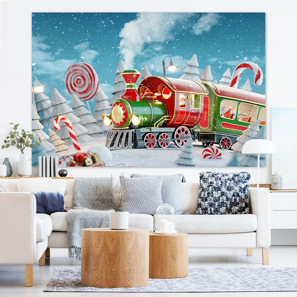 Winter Snowy Christmas Red Candy Train Backdrop M7-30