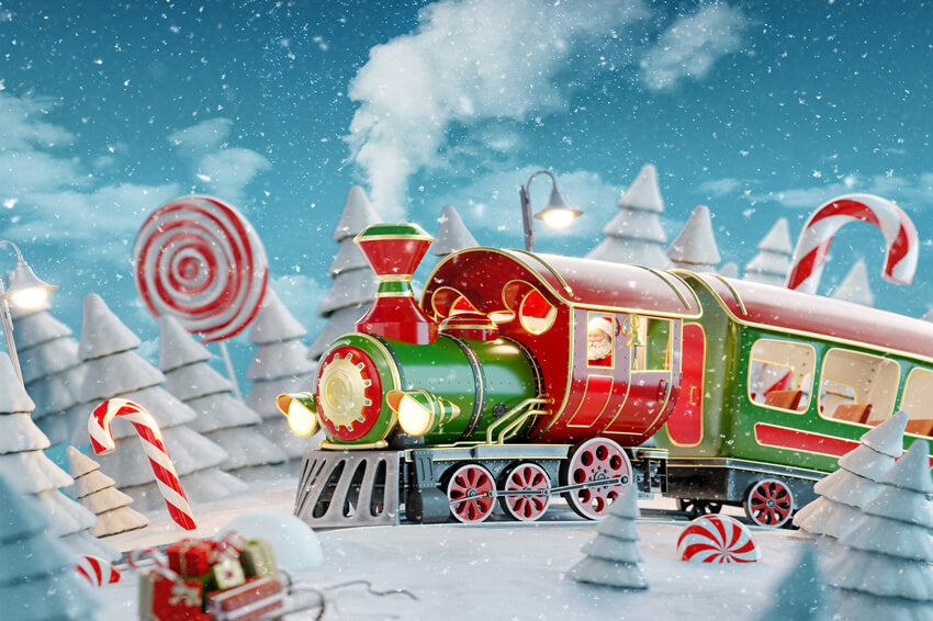 Winter Snowy Christmas Red Candy Train Backdrop