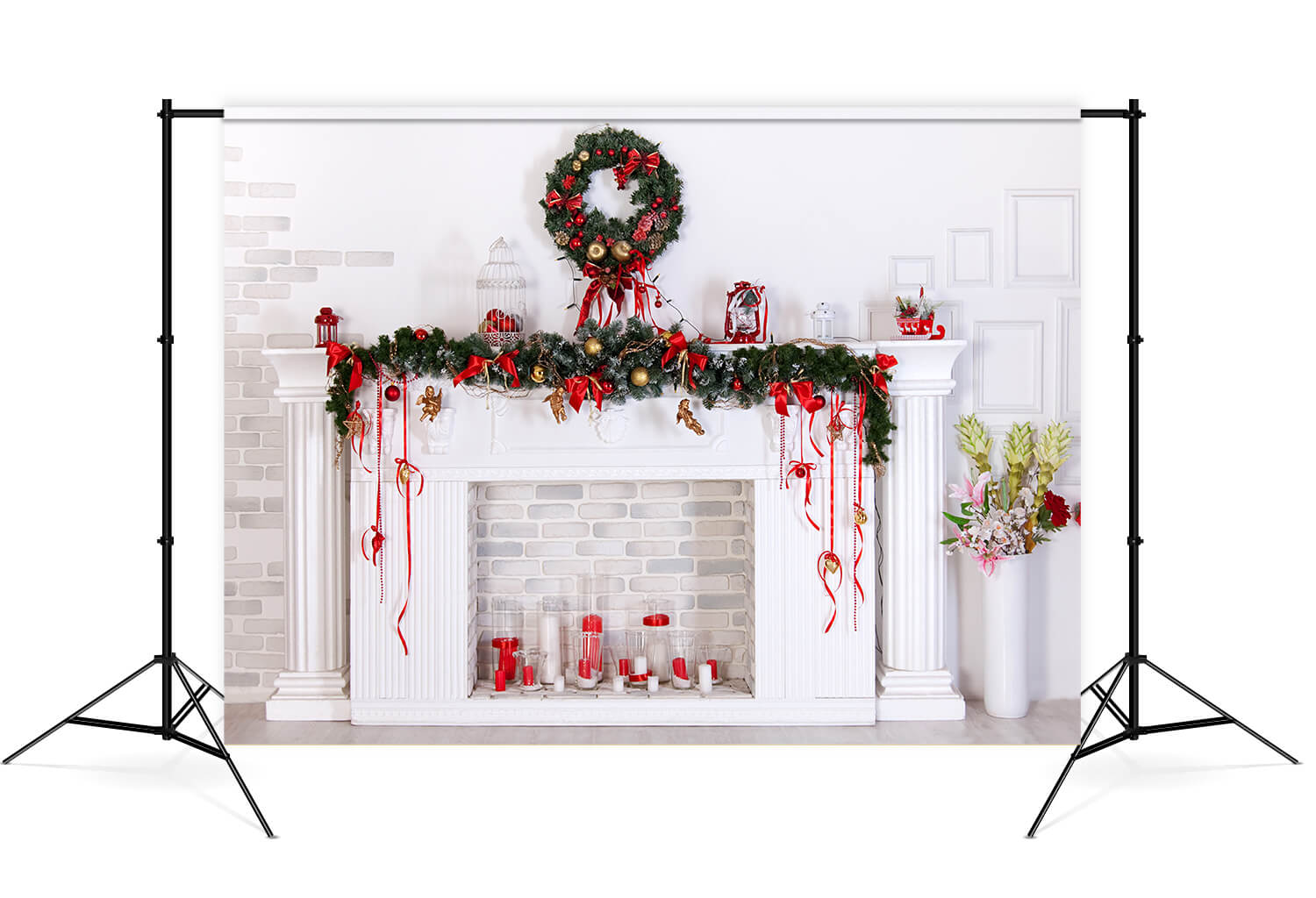 Christmas Fireplace Wreath Photography Backdrop M7-41