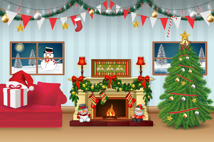 Christmas Decorated Living Room Cartoon Backdrop M7-49