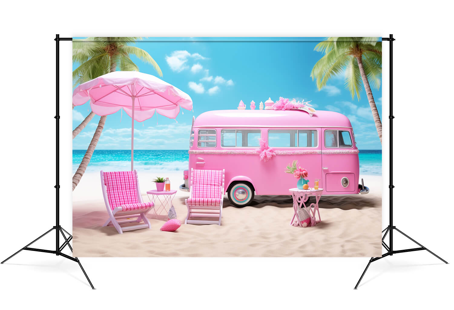 Summer Fashion Doll Beach Pink Bus Backdrop M7-87