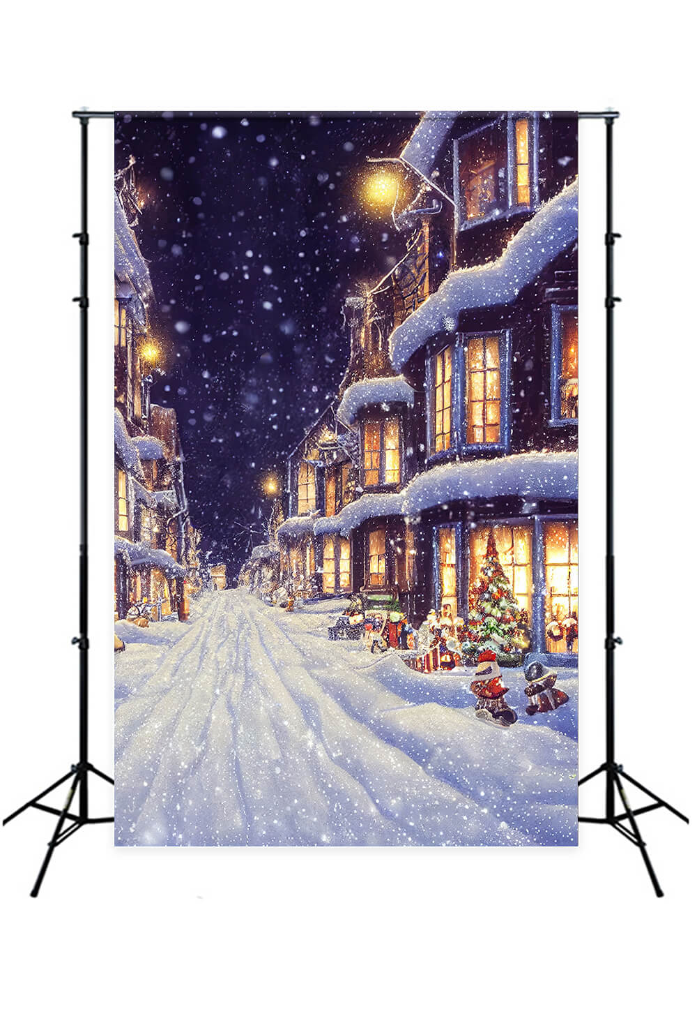 Winter Snowy Cozy Night Street Backdrop M8-06