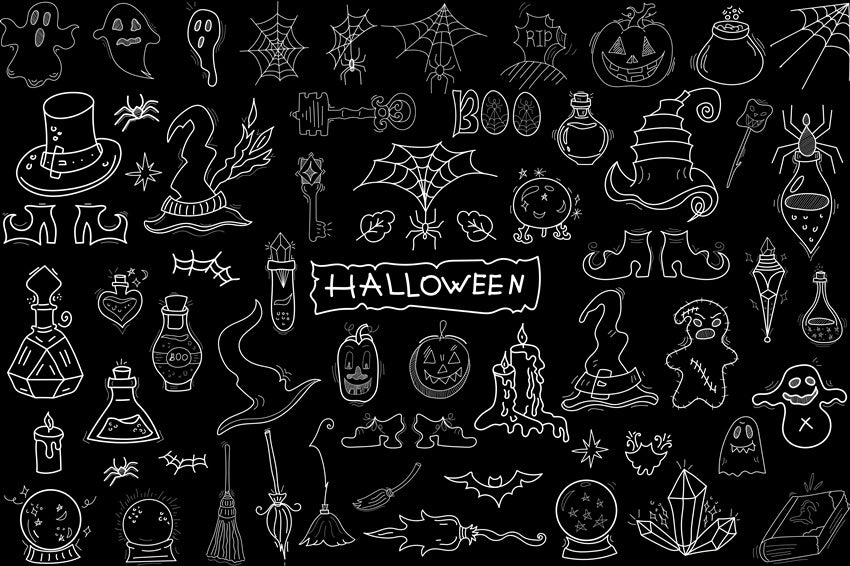 Halloween Doodle Hand Drawn Blackboard Backdrop 