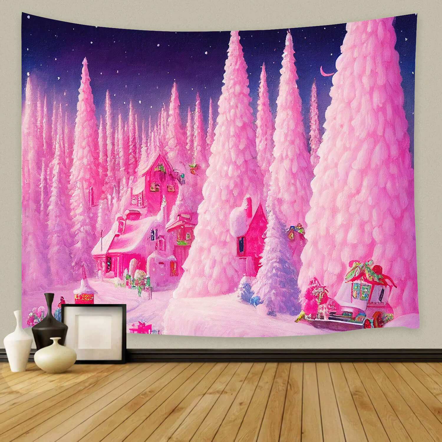 Dreamy Pink Gingerbread House Trees Backdrop M8-41