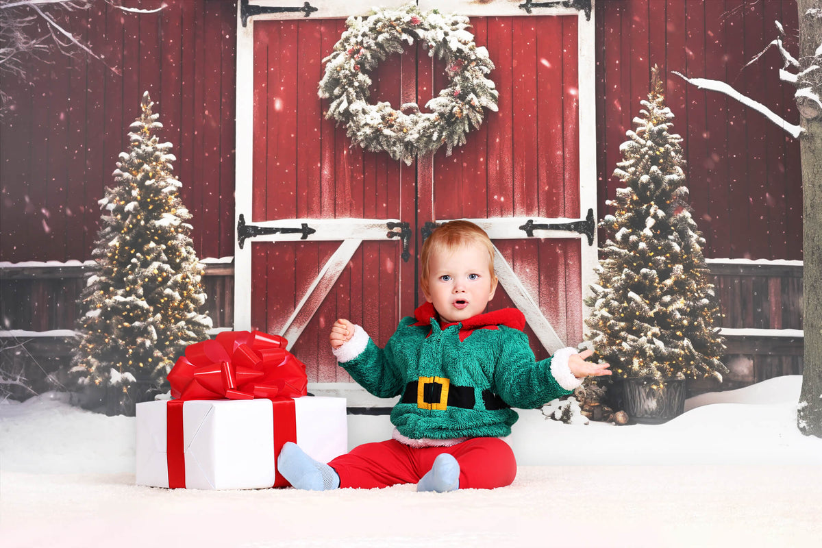 Christmas Snowy Tree Red Barn Backdrop M8-64